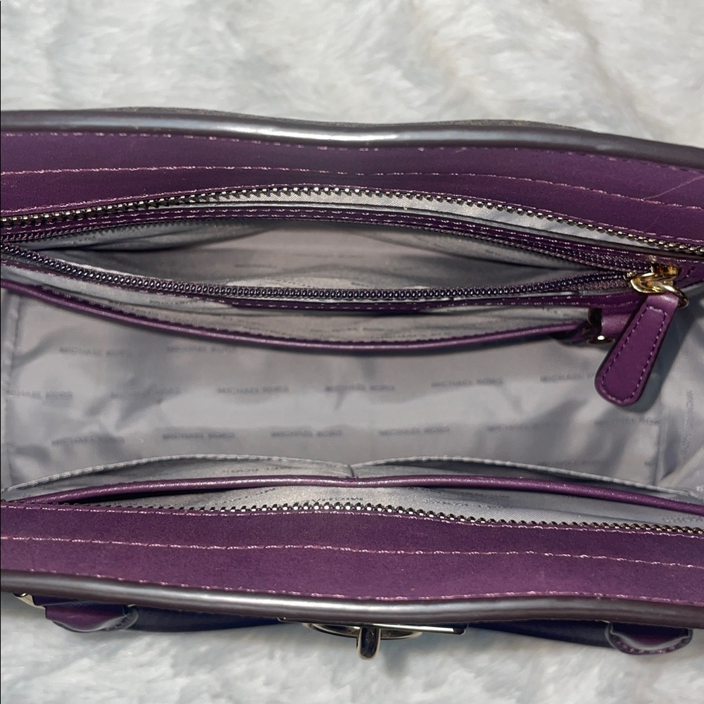 Michael Kors Hamilton Plum Violet Leather & Signature Monogram Canvas Satchel - Picture 15 of 17